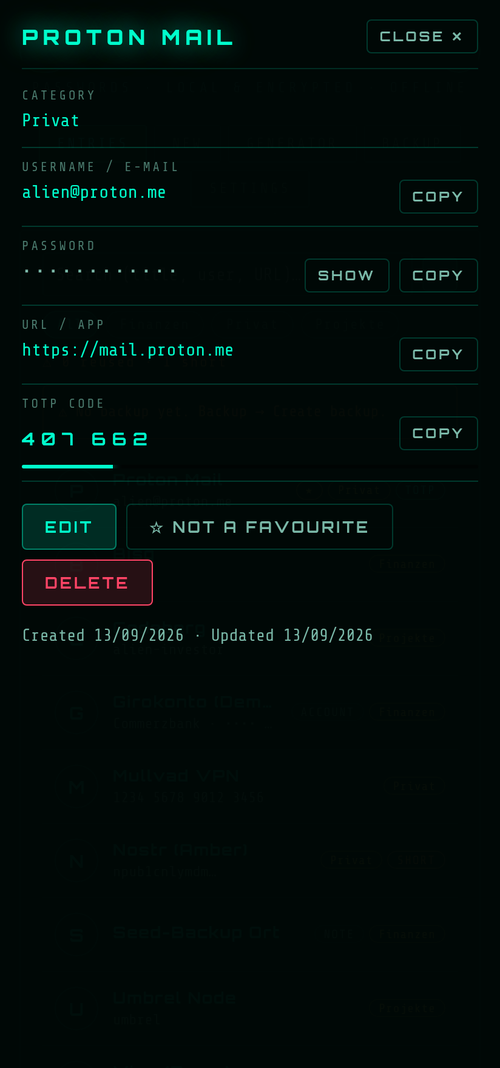 Alien Pass: entry detail with masked password