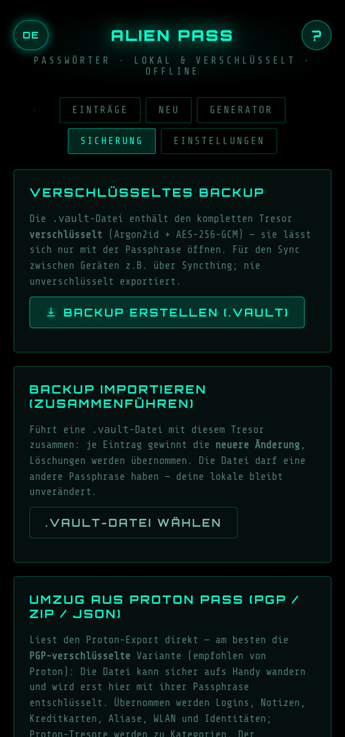 Alien Pass: Proton-Import und Backup