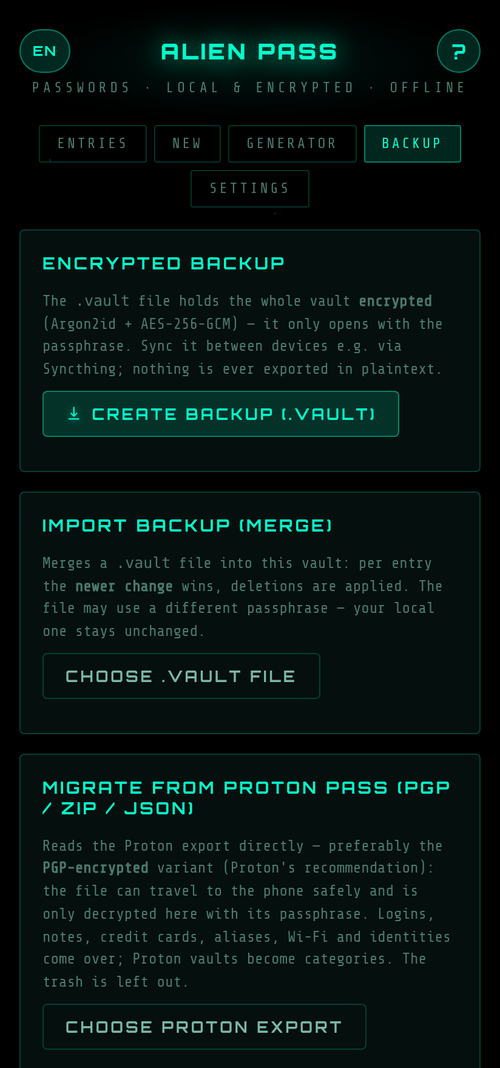 Alien Pass: Proton import and backup