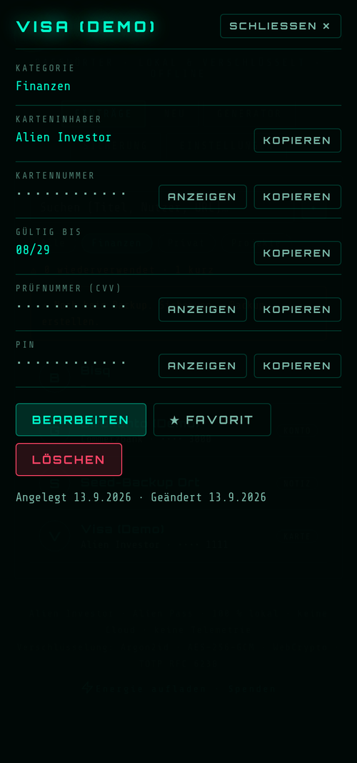 Alien Pass: Karten-Eintrag mit maskierter Nummer