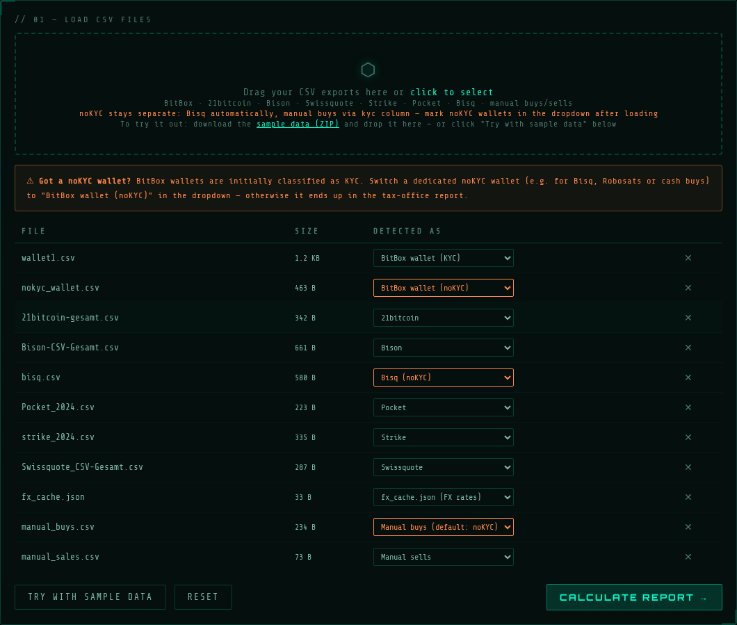 File table with automatically detected broker types and noKYC hint