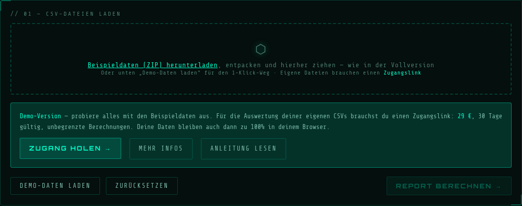 Demo-Version mit Beispieldaten-ZIP und Zugangshinweis