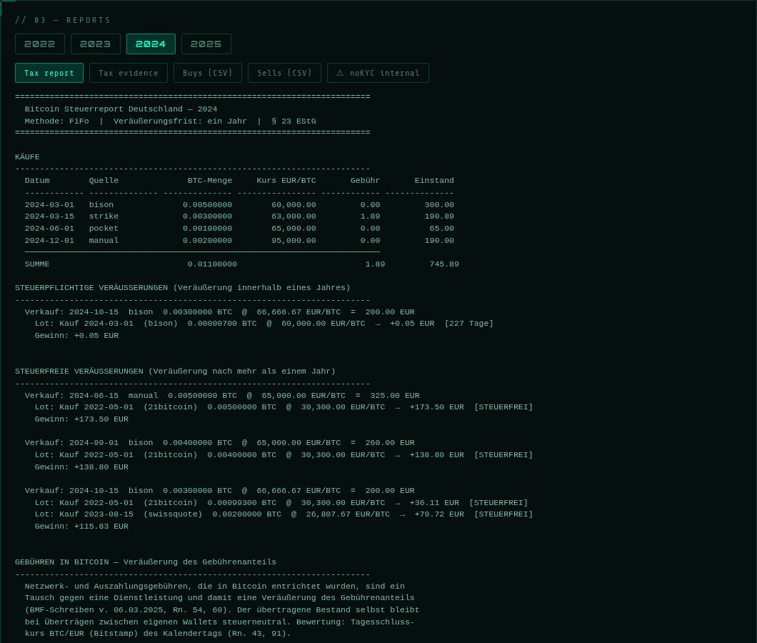 Results view with year tabs and tax report