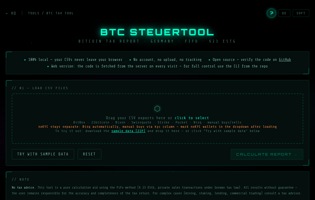 BTC Tax Tool start view with drop zone