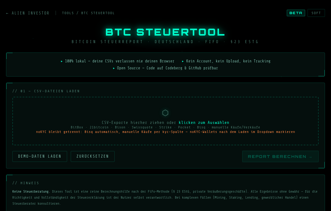 Startansicht des BTC Steuertools mit Drop-Zone